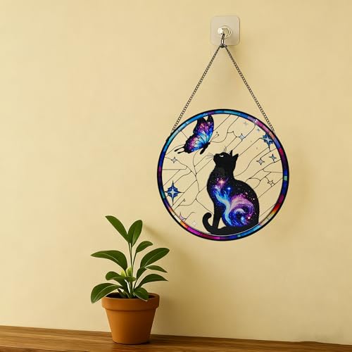 Black Cat Stained Glass Window Hanging (Black Cat)