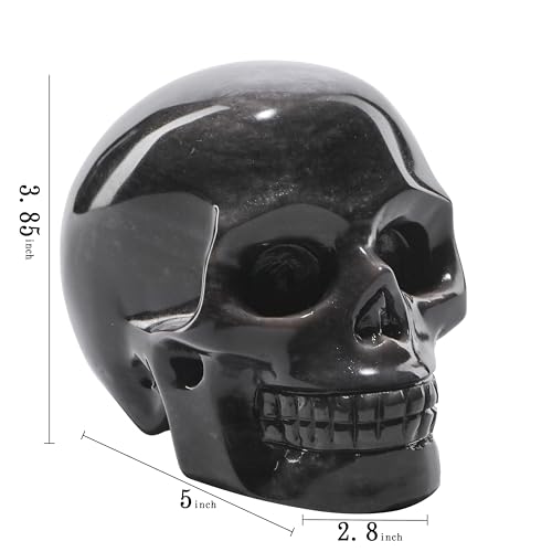 5''Natural Silverstone Obsidian Crystal Skull Head Hand Carved Reiki Healing Stone Statue Healing Home Office Art Room Decoration (Silverstone Obsidian / 5inch)