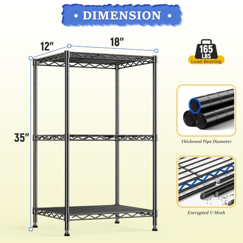 3 Tier Narrow Shelf Adjustable Storage Rack for Closet Bedroom (Black-18”W x 12”D x 35”H)