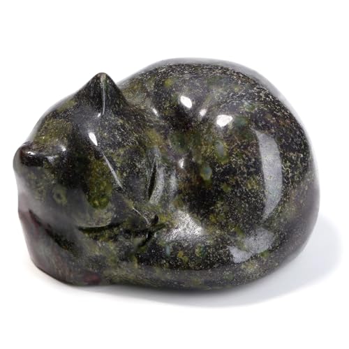Dragon Blood Cat Healing Crystals Figurine Sleeping Cat Hand Carved Cute Statue Polished Stone Sculpture Reiki Office Room Bedroom Desk Home Decoration Gifts 1.6" (M-dragon Blood)