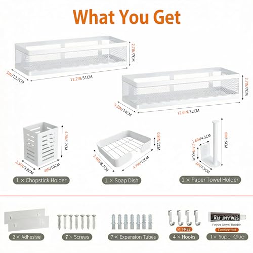 5-in-1 Wide Wall Mount Wrapped Mesh Kitchen Organizer & Shower Caddy Kit, with Paper Towel Holder, Utensil Holder, Soap Dish, Heavy Duty 50LBS - White, Netting