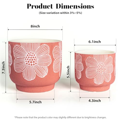 Ceramic Plant Pots (8+6 Inch / Mordern Red Floral)