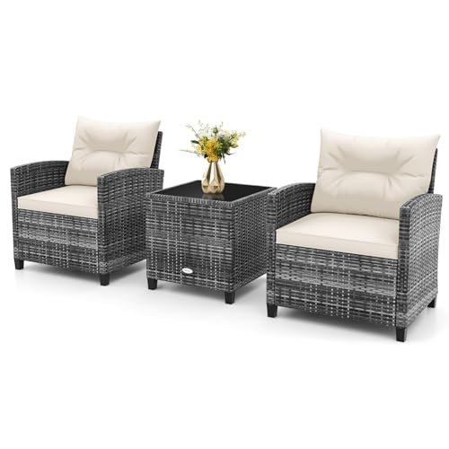 3 Pieces Patio Conversation Set PE Rattan Outdoor Furniture Sofa Set with Removable Cushion (Mix Grey & Beige)