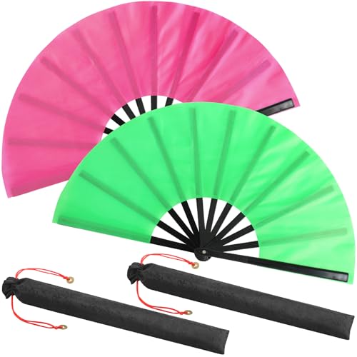2 Packs Large Folding Hand Fans (Green and Rose Red)