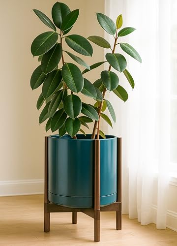 Ceramic Pot with Walnut Wood Stand (14 Inch / Teal Pot + Walnut Color Stand)