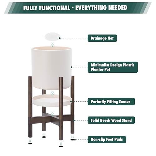 Plastic Pot with Walnut Wood Stand (Oatmeal Pot + Walnut Color Stand / 14 Inch)