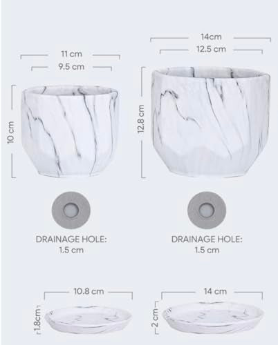 White Plant Pots Set of 2 Planters 4 and 5 Inch with Saucer Tray (Marble White)