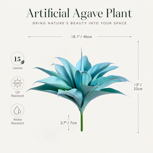 2-Pack 13-Inch Artificial Agave Plants for Outdoor Planters, UV Resistant Fake Agave Plants, Faux Succulent Greenery for Porch, Patio, Garden, Entryway and Indoor Decor, Blue (Agave12-blue2)