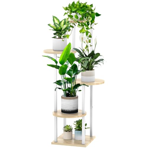 5 Tier Plant Stand Indoor Corner Tall Shelf for Multiple Plants (White+Oak / 5 Tier)