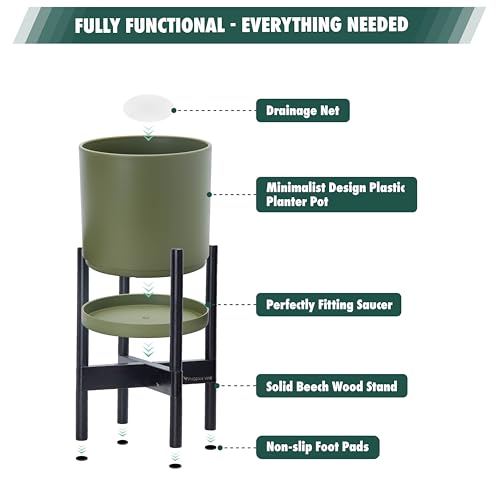 Plastic Pot with Ebony Wood Stand (Olive Pot + Ebony Stand / 14 Inch)