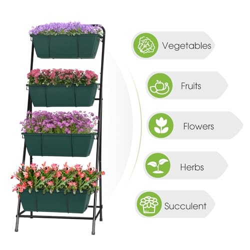 Vertical Raised Garden Bed 4 Tier Garden Planter for Outdoor Plants Standing Garden Planters with Drainage Holes Removable Tray for Herbs Flowers Vegetables Plants (Green)
