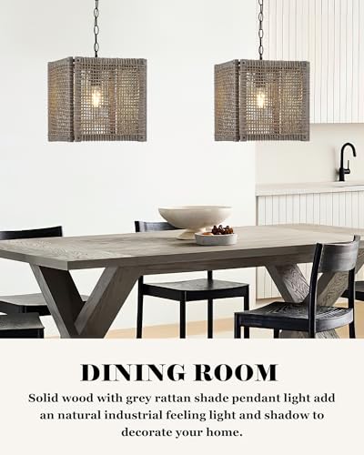 Farmhouse Rattan Chandelier 12" Handwoven Pendant Light Fixtures with Gray Square Solid Wood Frame (12” / Gray)