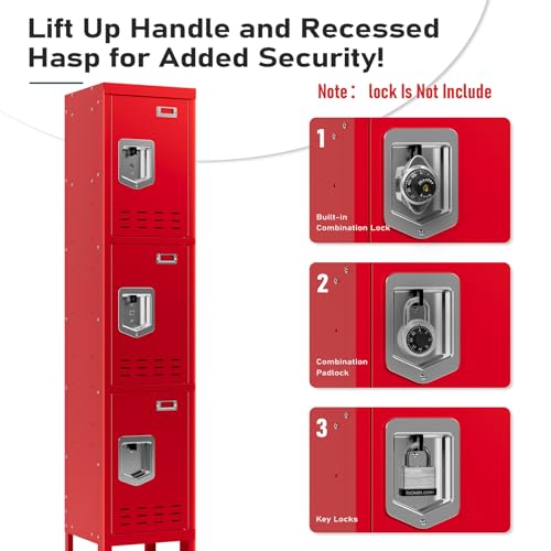 Metal Lockers (Red / 3 Door-(66.15" H x 11.8" W x 11.8" D))