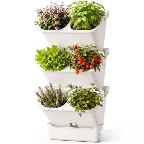 3 Set 6 Pocket Vertical Stackable Wall Planters Kit Outdoor Self Watering Plastic Planter Grow Hang Mount System for Strawberry Flower Vegetable Home Fence Balcony Wall Decor (White)