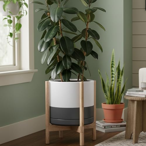 Ceramic Pot with Natural Wood Stand (14 Inch / White/Grey Pot + Natural Stand)
