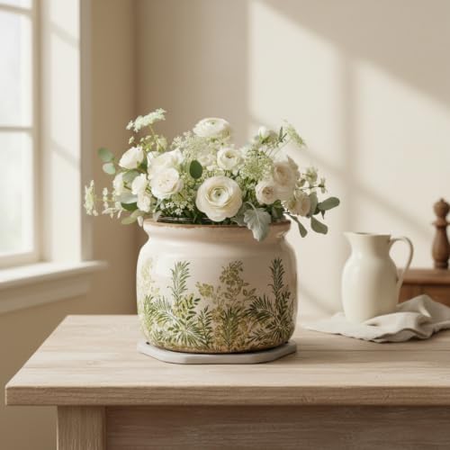 Cottage Ceramic Flower Pots with Decorative Saucer (Cottage Fern / 7.7 in - w/ Saucer)