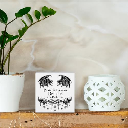 Halloween Bathroom Decor Wooden Box Sign 5 x 5 Inches (White 1620 / Wooden box（5.1 x 5.1 inches）)