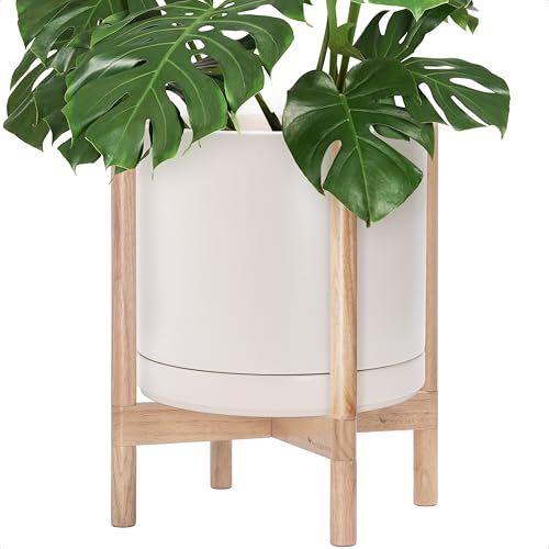Ceramic Pot with Natural Wood Stand (14 Inch / Oatmeal Pot + Natural Stand)
