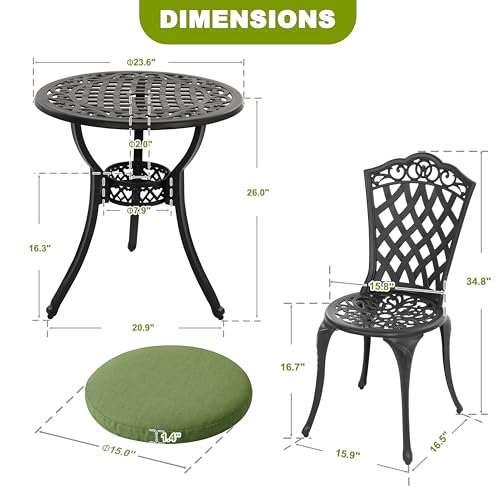 3 Piece Cast Aluminum Patio Bistro Set (Green Cushion / Pattern B)