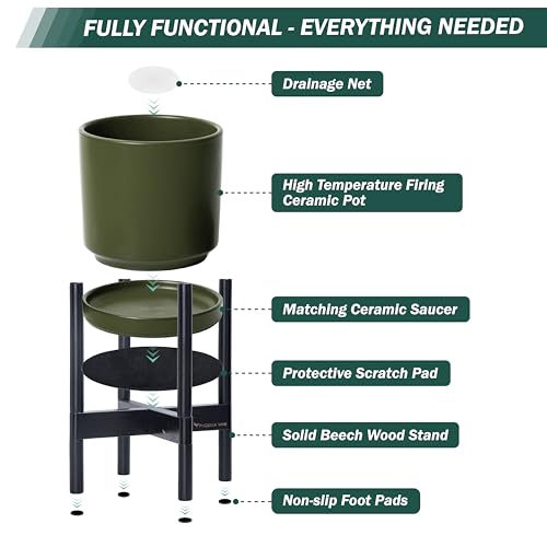 Ceramic Pot with Ebony Wood Stand (14 Inch / Olive Pot + Ebony Stand)