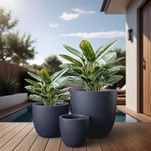 3 Pack 18" 14" 10" W Round Charcoal Concrete Planters (Charcoal / Set of 3: 10/14/18-Inch Dia)