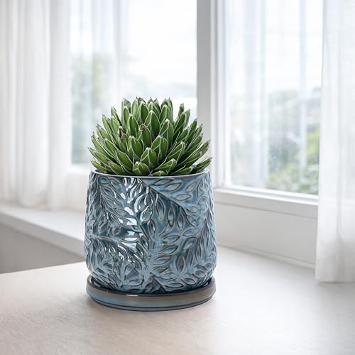Embossed Leaves Ceramic Planter (5 Inch / Ocean Teal)