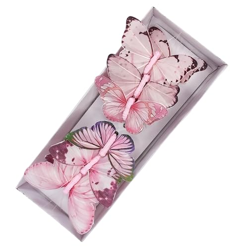 Artificial Feather 3D Butterfly Party Decorations Set of 12 with Wire 6 Pink Color Ornaments for Christmas Tree (A Wire)