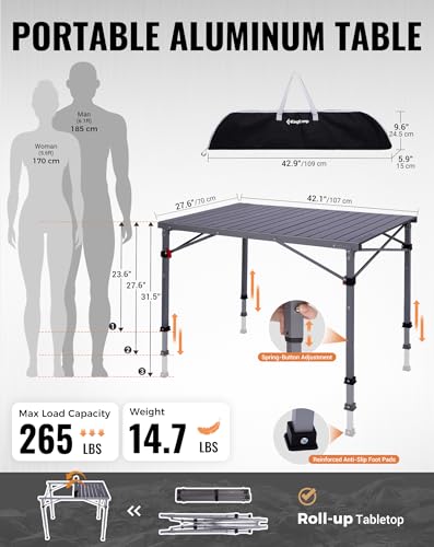 265 Lbs Folding Camping Table (4p - 42.1"×27.6" - 3 Adjustable Height)