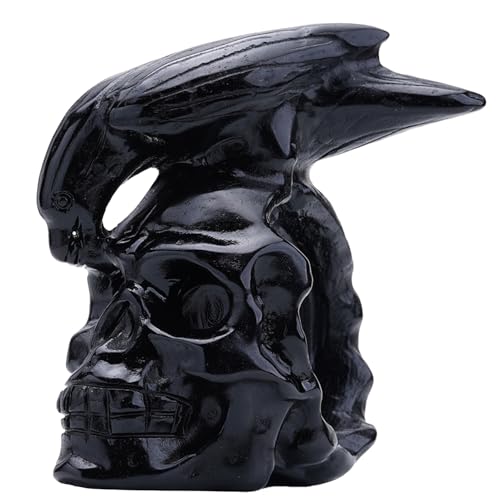 Natural Black Obsidian Crystal Skull and Crow Head Hand Carved Reiki Healing Stone Statue Healing Home Office Art Room Decoration (Obsidian / 3inch)