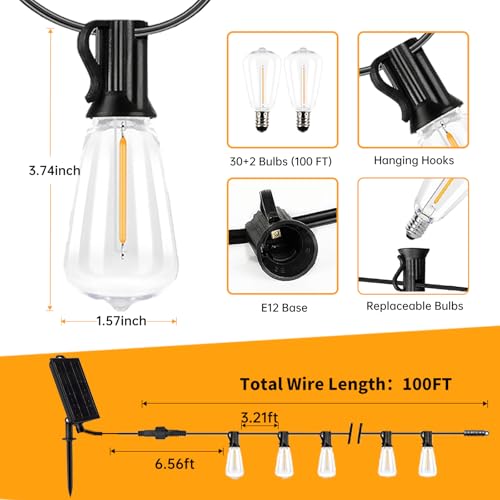 100FT Solar String Lights Outdoor Waterproof (100FT(30 Sockets))