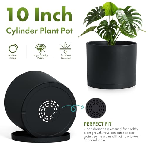 10 Inch Round Plastic Plant Pot with Drainage Holes and Saucer (Black / 10 Inch B)