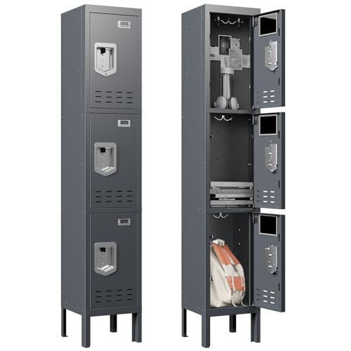 Metal Lockers (Grey / 3 Door-(66.15" H x 11.8" W x 11.8" D))
