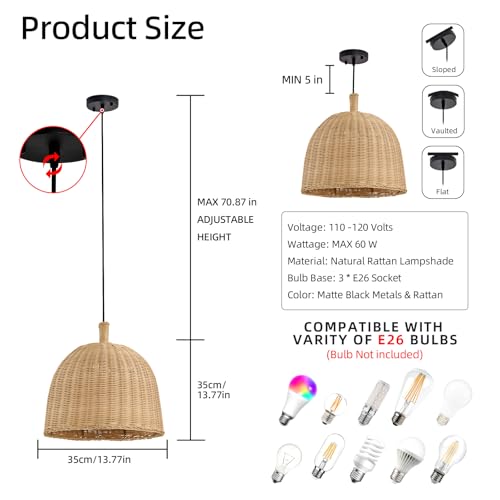 13.8" Rattan Pendant Light (Black+Rattan / 13.77" 3-Light)