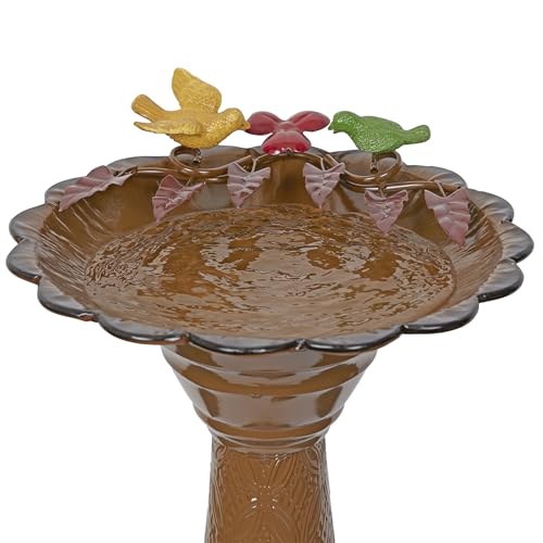 ORS112BR Vintage Outdoor Shallow Bowl Metal Pedestal Birdbath with Stand (Brown)