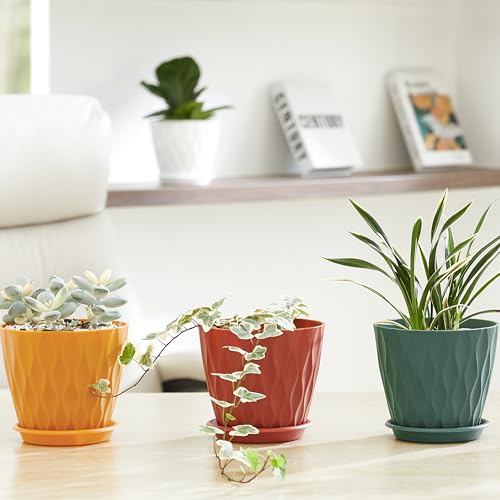 6-Pack 6-Inch Plastic Plant Pots with Saucers | Thickened PP Material, Modern Wave Texture, Enhanced Drainage for Indoor/Outdoor Garden Plants | Multicolor Value Set (Multicolor)
