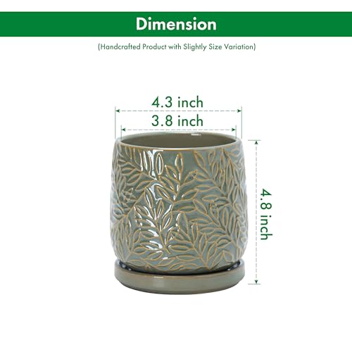 Embossed Leaves Ceramic Planter (4 Inch / Olive)