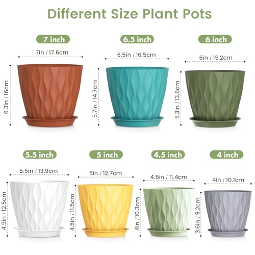 7/6.5/6/5.5/5/4.5/4 inch Plant Pots for Indoor Outdoor Plants, 7 Pack Thick Flower Pots with Drainage Holes and Saucers, Modern Wave Texture Small Plastic Planters Nursery Pots, Multicolor (Colorful / 7+6.5+6+5.5+5+4.5+4 inch 7 pieces)