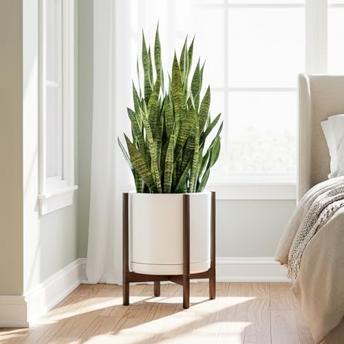 Ceramic Pot with Walnut Wood Stand (14 Inch / White Pot + Walnut Color Stand)
