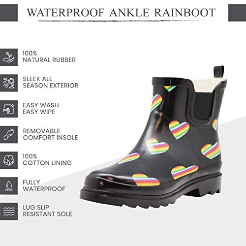 Women's Waterproof Ankle Rain Boots (6 / Rainbow Heart Pride)
