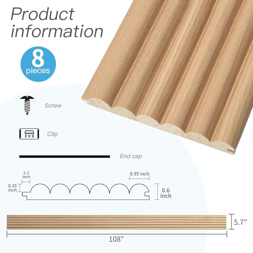 108 x 5.7 Inch Fluted Wood Wall Paneling for Home Decor (8Pcs-108 x 5.7 Inch / Beaded Oak)