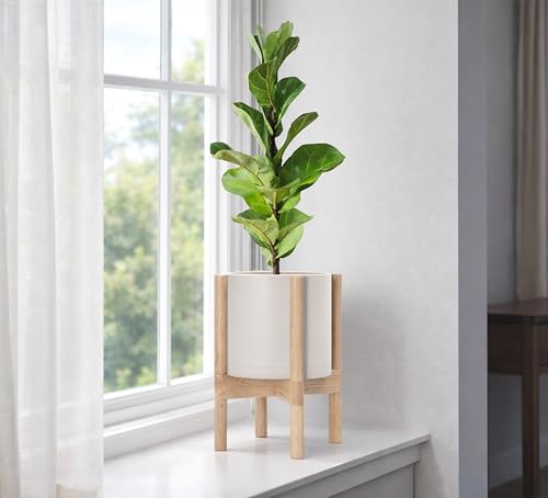 Plastic Pot with Natural Wood Stand (Oatmeal Pot + Natural Stand / 8 Inch)