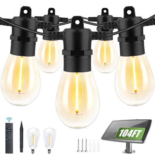 104FT(98+6) Solar String Lights Outdoor Waterproof, Solar Powered Patio Light with 30+2 Dimmable S14 Edison Bulbs Shatterproof & Remote Control, Solar String Lights for Outside Garden Backyard (104FT)