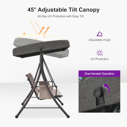 3 Seat Outdoor Porch Swing with Adjustable Canopy (Light Gray(textilene) / Porch Swing)
