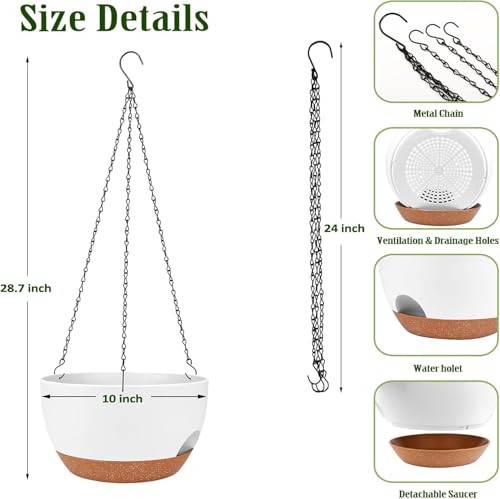 2 Pack 10 Inch Self Watering Hanging Planter for Indoor Outdoor Plants (White / 10 inch)