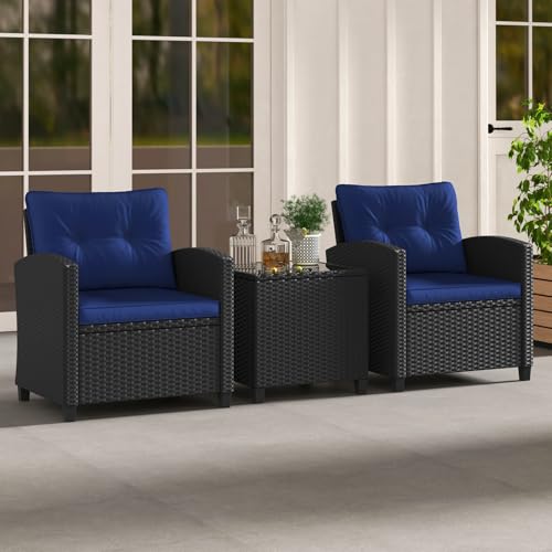 3 Pieces Wicker Patio Conversation Set (Black & Navy)
