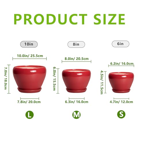 Ceramic Plant Pots (10+8+6 Inch / Bright Red)