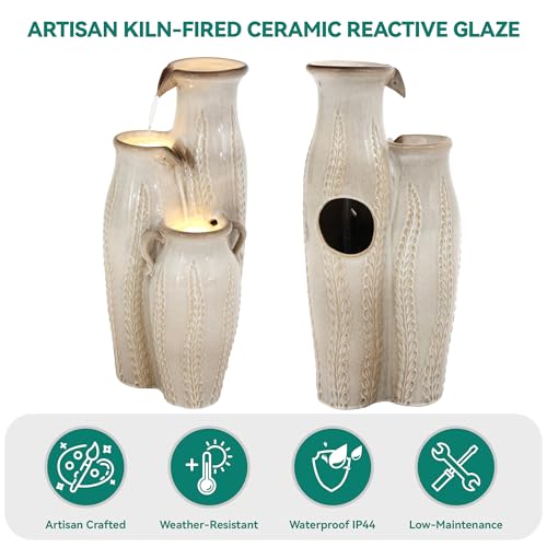 30" Ceramic Vase Water Fountain Outdoor with LED Lights (Beige Glaze Cascading Vase 29.5"h)