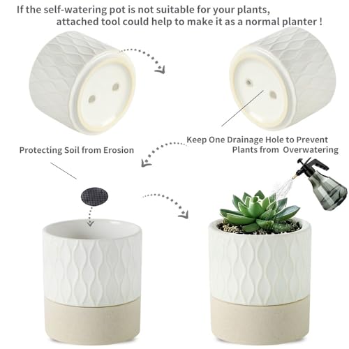 Self Watering Ceramic Plant Pot (Cream White & Brown Net / 4.5" Self Watering)