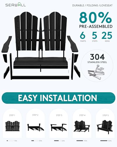 4 Pc HDPE Adirondack Set (Black / 2 chair &1 bench &1 coffee table)