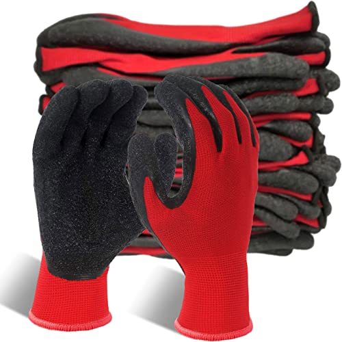 Crinkle Latex Rubber Coated Safety Work Gloves for Men Women (X-Small / Red-12 Pairs)